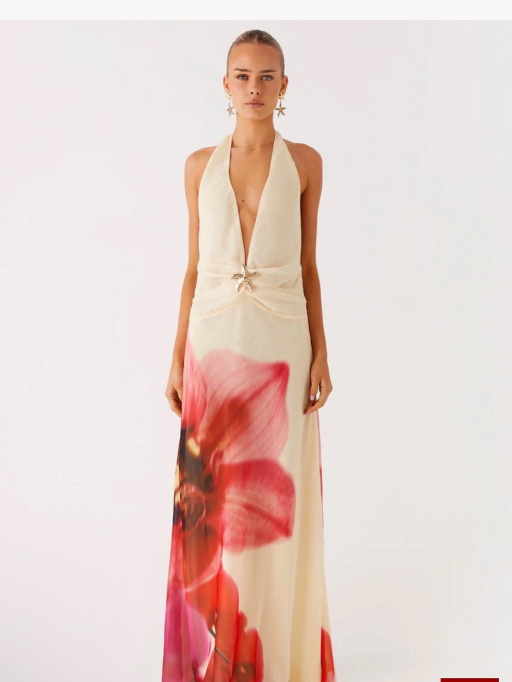 Cream Halter Maxi Dress with Pink Floral Print and open back